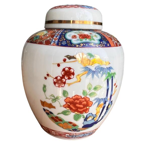 Vtg Japanese Ginger Jar Vase Lid Lotus Flowers Gold Gilt Colorful Asian Ethnic - Picture 14 of 14